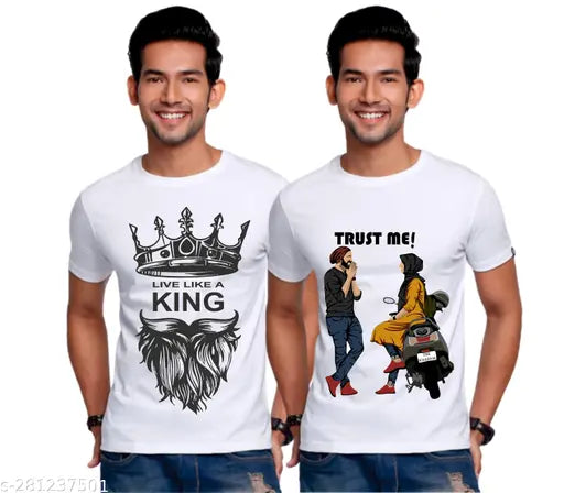 Men's stylish poly blend T-shirt pack of 2 in M, L, XL. Premium quality, printed, extra soft 160 GSM t-shirts with regular fit and affordable price. Made in India