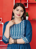 Rayon embroidered Anarkali kurti, solid pattern in three-quarter sleeves, women's fashion from India