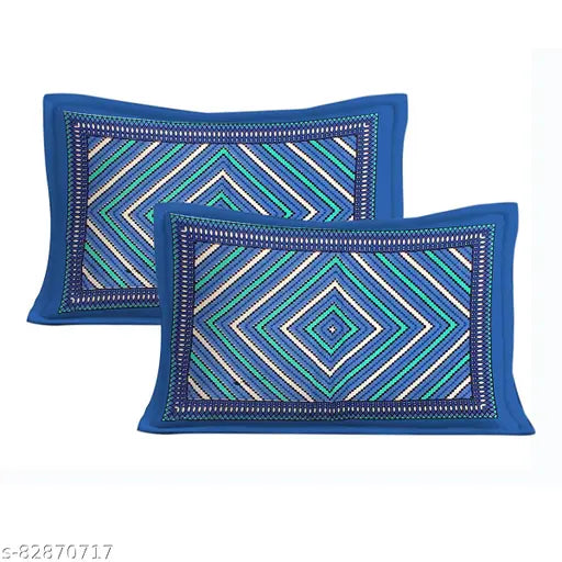 Blue striped cotton flat sheets set for double bed with two pillow covers, ideal for AC rooms, quality regular thread count 104