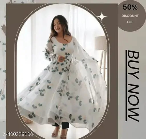 Heavy Georgette digital floral printed gown with dupatta, Indian handcrafted women's formal wear