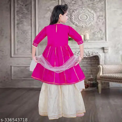 Striped A-line poly silk kurta sharara & dupatta set for kids ethnic wear, lace embellished, Indian origin