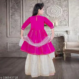 Striped A-line poly silk kurta sharara & dupatta set for kids ethnic wear, lace embellished, Indian origin