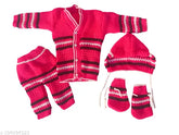 Woolen sweater set for baby girl and boy (0-3 months), featuring cap and booties. Cozy and stylish winter attire in solid pattern