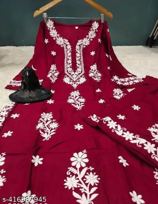 Embroidered rayon kurta set with palazzos, three-quarter sleeves, India origin