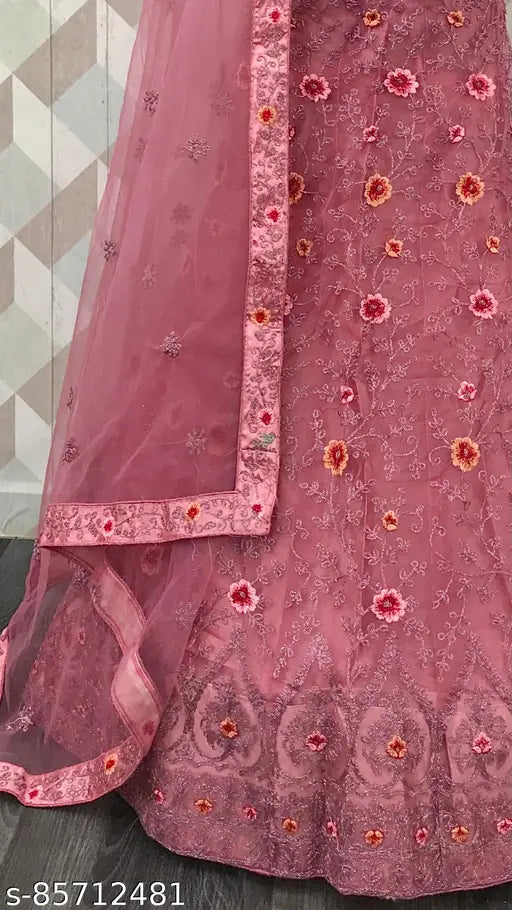 Elegant embroidered net Lehenga Choli with Dupatta, semi-stitched - golden zari work, ideal for special occasions (India)