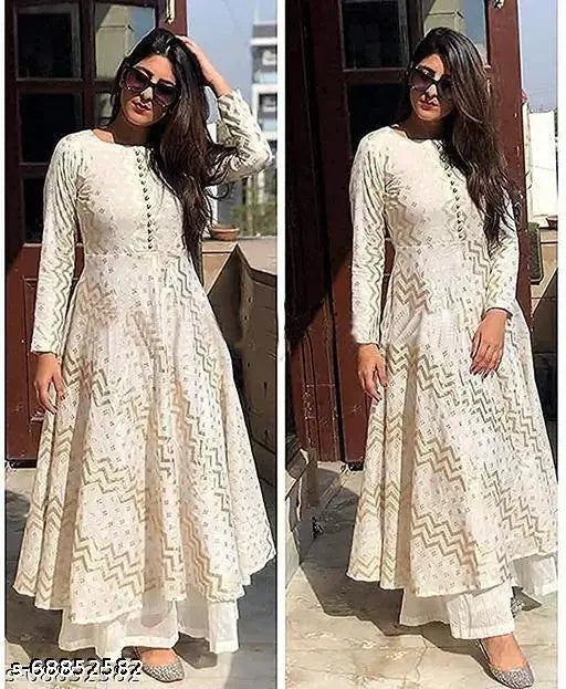Anarkali Rayon Kurta with Palazzos, printed pattern for women and girls. Long sleeves, stylish traditional wear for all occasions, India origin