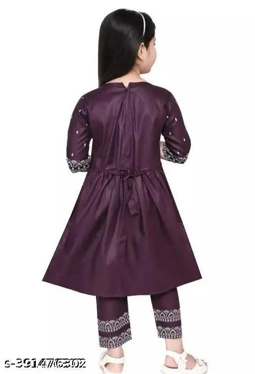 Wine rayon printed round neck Naira cut kurti and harem pants for baby girls - Indian-inspired casual wear