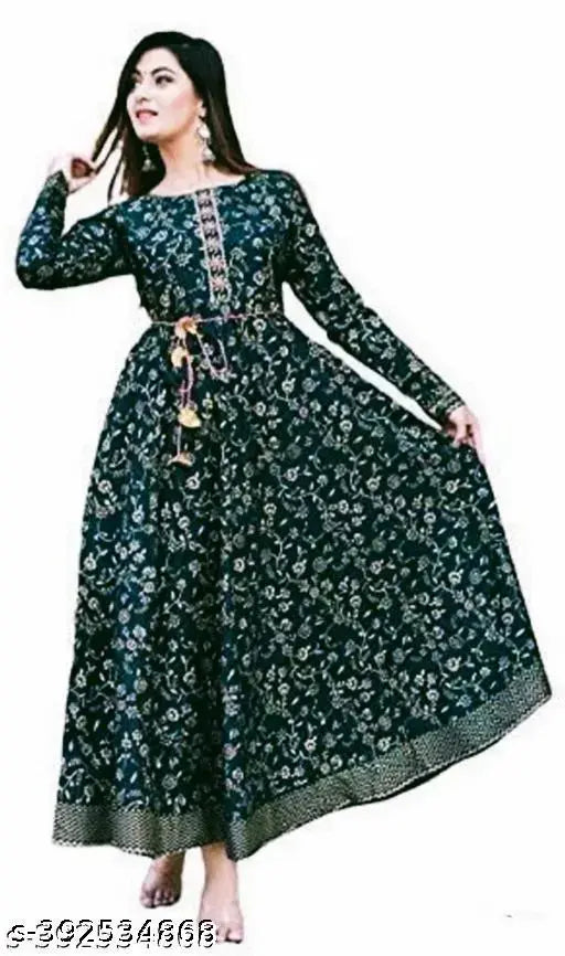 Rayon green and gold printed anarkali kurti, S-XXXL sizes, Indian fashion