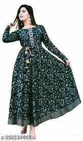 Green rayon kurti with gold prints, long sleeves, fasonika brand, Indian fashion