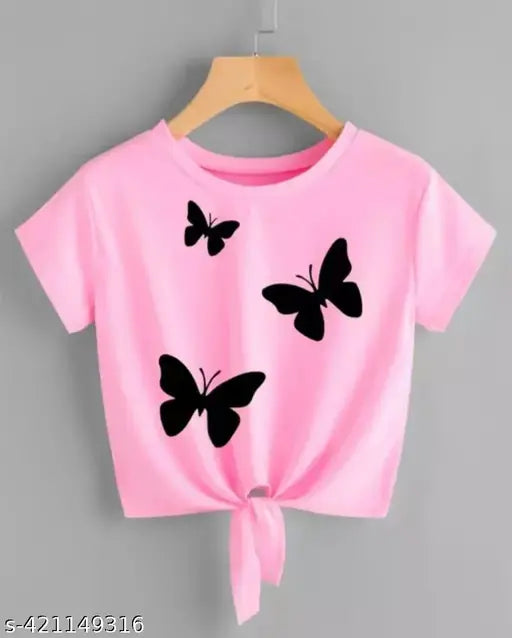 Pink Lycra crop top t-shirt for women with three butterfly prints, short sleeves, S-XL sizes