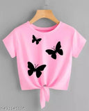 Pink Lycra crop top t-shirt for women with three butterfly prints, short sleeves, S-XL sizes