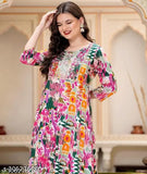 Shiny sequin-embellished rayon Anarkali kurta, traditional Indian wear with three-quarter sleeves. Sizes: S (36" bust, 48" length), M (38" bust, 48" length), L (40" bust, 48" length), XL (42" bust, 48" length), XXL (44" bust, 48" length), XXXL (46" bust, 48" length)