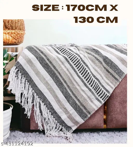 White striped cotton throw blanket, soft & comfortable for work from home or travel, 52" x 64", perfect gift option