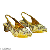 Synthetic gold embellished belly sandals for women, showcasing unique Indian design and excellent finish. Available in sizes: IND-5, IND-6, IND-7, IND-8, IND-9, IND-10