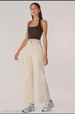 Cream cotton blend four-pocket cargo pant for women, solid design, high waist straight fit denim jeans with non-stretchable flared legs, perfect for elevating your wardrobe