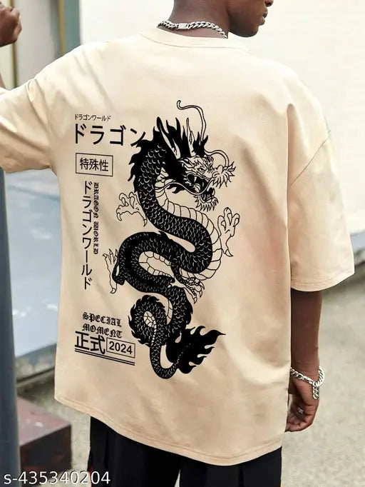 Cream cotton blend oversized round neck T-shirt with anime print, perfect for men's stylish casual wear - India origin