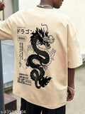 Cream cotton blend oversized round neck T-shirt with anime print, perfect for men's stylish casual wear - India origin