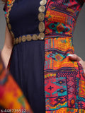 Multicolor Navy Blue Bohemian Viscose-Rayon Jumpsuit, keyhole neck, regular sleeve, printed panel, back closure - Indian origin