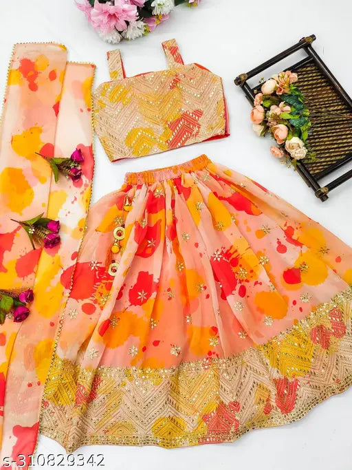 Digital print, multi-5MM sequin embroidery Lehenga-Choli in georgette fabric. Festive season wear with matching dupatta