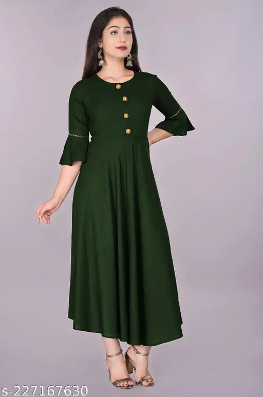 Dark green rayon round flared kurti with three-quarter sleeves, ideal for casual and formal occasions. Machine washable