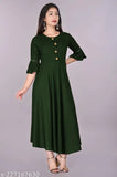 Dark green rayon round flared kurti with three-quarter sleeves, ideal for casual and formal occasions. Machine washable