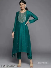Teal blue embroidered silk blend straight kurta, perfect for light festivities. Vichitra Silk, full sleeves, round neckline, machine washable. Made in India." (124 characters)