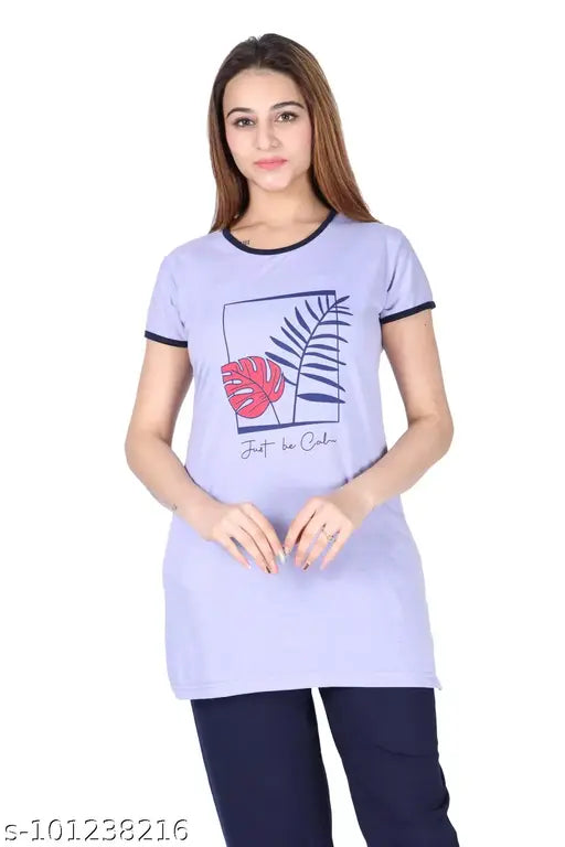 Printed polycotton ladies long nightsuit, loose-fitted and perfect length for summer nights. Breathable, high stretchy, comfortable, and no fade or shrinkage issues