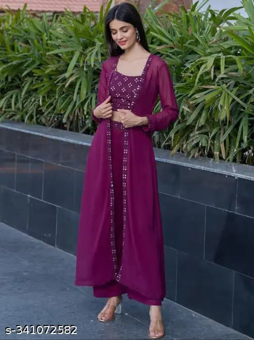 Georgette embroidered kurta, pants, and shrug set for women, perfect for Indian occasions, handcrafted in India