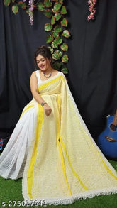 Chiffon chikonkari trending saree with single piece, free size (length 5.5m), Indian origin