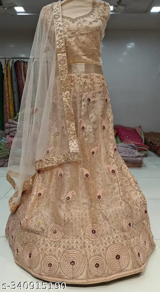 Peach satin and net embroidered lehenga with zari work, Indian semi-stitched party wear for women (Lehenga Waist Size: 44 in, Lehenga Length Size: 44 in, Duppatta Length Size: 2.5 in)