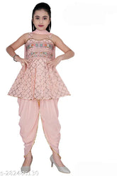 Ethnic cotton blend A-line kurta pyjama for girls, knee-length, embellished, soft on skin, comfortable, ideal for celebrations. Indian kids wear