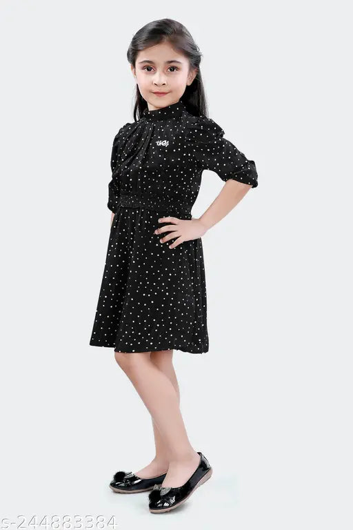 Polka Dot printed polyester summer dress, three-quarter sleeves, embellished net design for girls aged 10-11 years, western wear in soft white colors