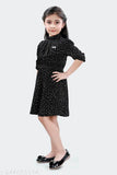 Polka Dot printed polyester summer dress, three-quarter sleeves, embellished net design for girls aged 10-11 years, western wear in soft white colors