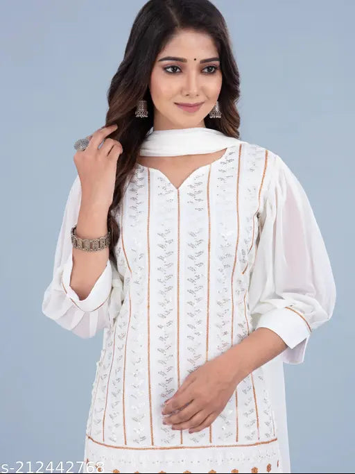 Three-piece sequin-embellished Georgette Sharara set, S-XL