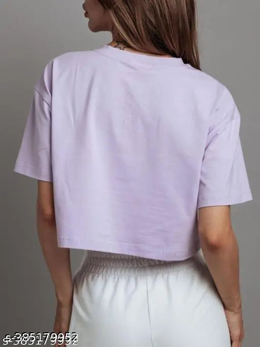 Classic lavender cotton-blend crop top, half sleeve, print design - versatile style for ladies wear