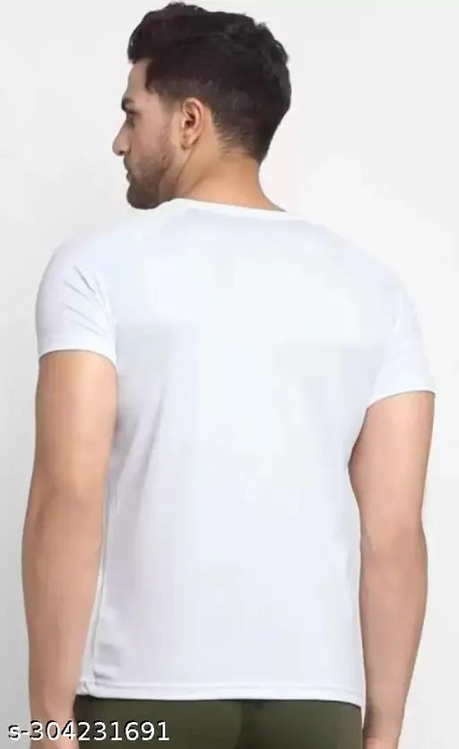 White polyester short-sleeve men's t-shirt with printed design, "Fine touch" label on chest. Made in India