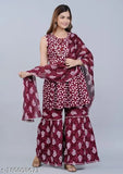 Maroon rayon embroidered kurti sharara set with duppatta and bottomwear for women - new stylish design