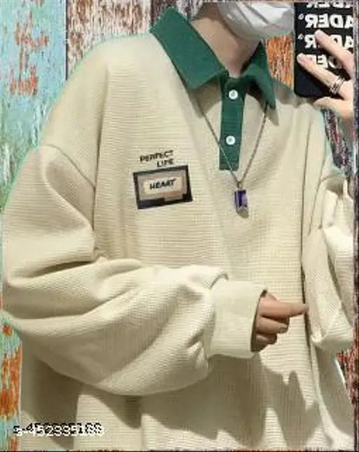 Oversized Korean baseball-inspired polo tshirt in net fabric, men's long sleeve, printed design, quality cotton, India-made