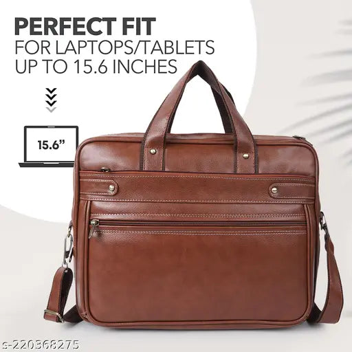 Brown leather briefcase/laptop bag, 15.6" perfect fit, classic style & self design. Premium leatherette case for work essentials & accessories with adjustable strap & multiple pockets. #TrendyOfficeBag #DailyUse #ClassicStyle #PerfectFit #BrownLeather #Briefcase #LaptopBag #15point6Inch #ProfessionalStyle #WorkBag #India