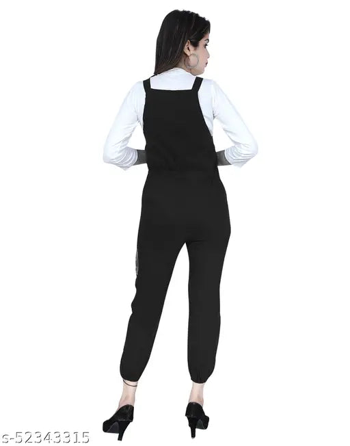 Trendy cotton black dungaree jumpsuit for party and casual wear, printed net design on a cotton blend with three-quarter sleeves
