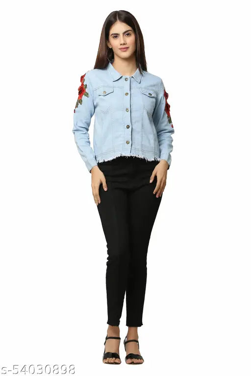 Denim jacket with embroidered floral patch, long sleeves, trendy Indian-made clothing