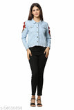 Denim jacket with embroidered floral patch, long sleeves, trendy Indian-made clothing