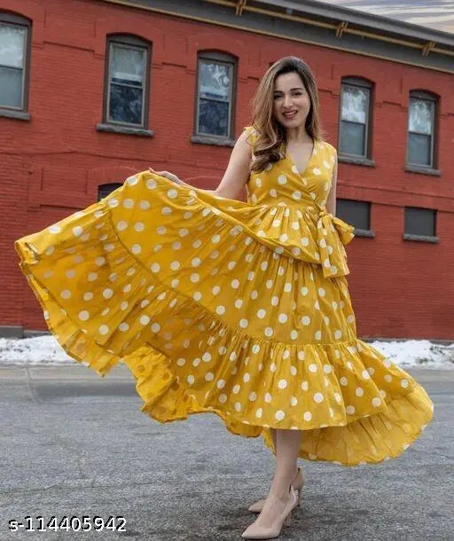 Yellow acrylic polka dot flared sleeveless kurta, perfect for daily wear or special occasions, Indian-inspired design