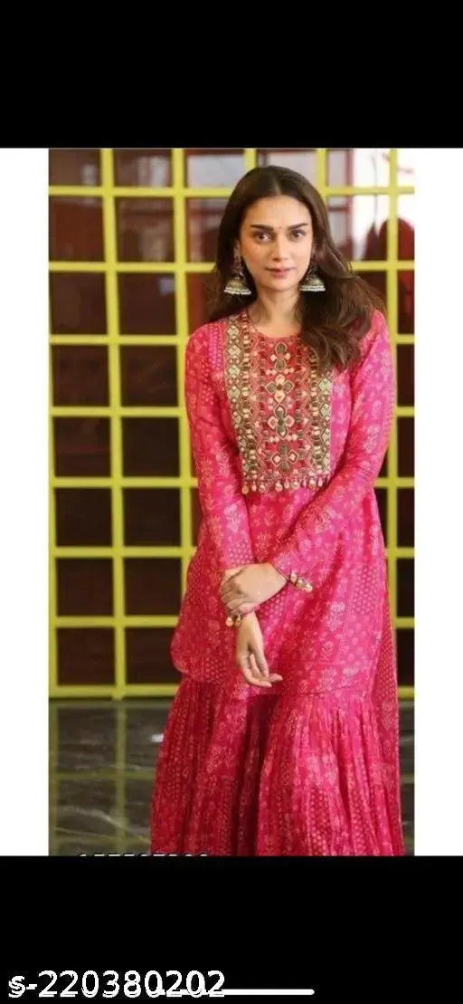 Printed pink rayon kurta with sharara - classic, trendy Indian bottomwear for women, country of origin: India