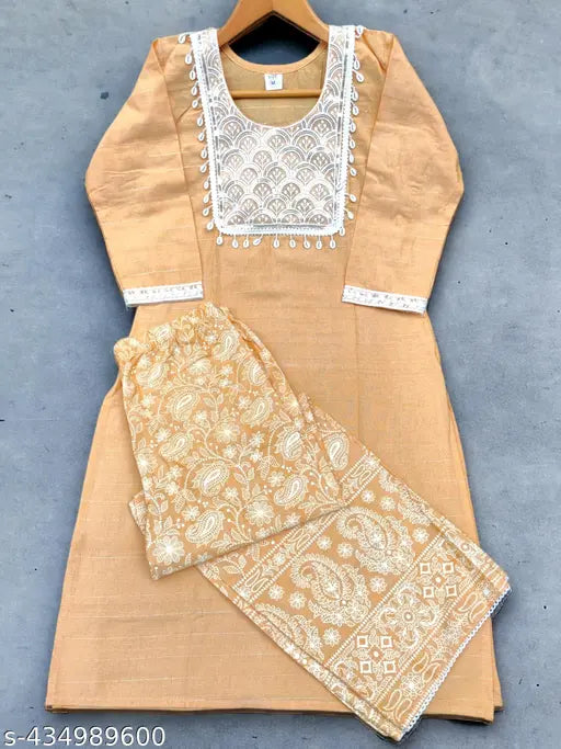 Striped cotton embroidered kurti palazzo set with lace work and dupatta, ideal for women's summer fashion in India