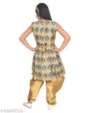 Art Silk Anarkali Kurta set with Patiala, printed design, sleeveless, elasticated Dhoti, Net Dupatta (if applicable). Indian ethnic wear for girls aged 4-9 years