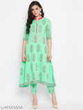 WineRed Women's Printed Cotton Kurta and Pant Set, green-printed Indian ethnic wear set with three-quarter sleeves