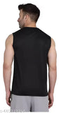 Black sleeveless gym vest t-shirt, polyester fitness apparel for men, solid design, size M (chest 40 in, length 27 in)