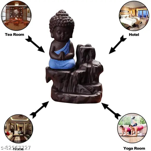 Blue black polyresin handicraft Buddha idol with backflow incense holder, 12 cm height, artful showpiece featuring meditating Buddha and reverse smoke flow effect