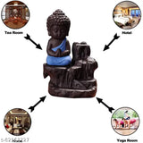 Blue black polyresin handicraft Buddha idol with backflow incense holder, 12 cm height, artful showpiece featuring meditating Buddha and reverse smoke flow effect